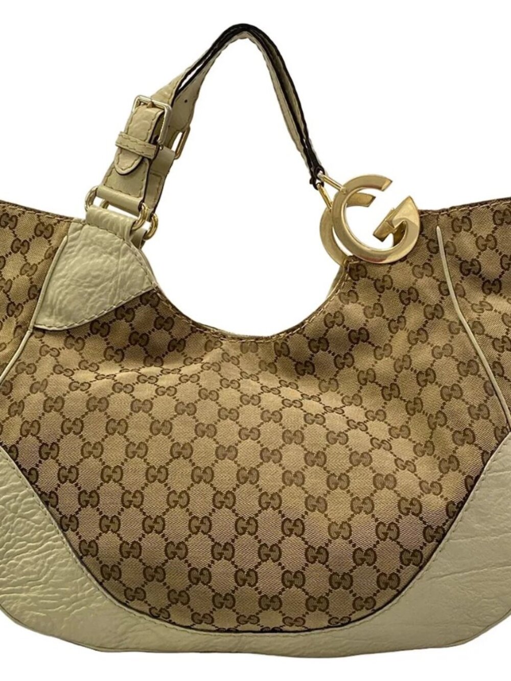 GUCCI Charlotte 203504 Beige Dark Brown White Jacquard Leather Tote Bag